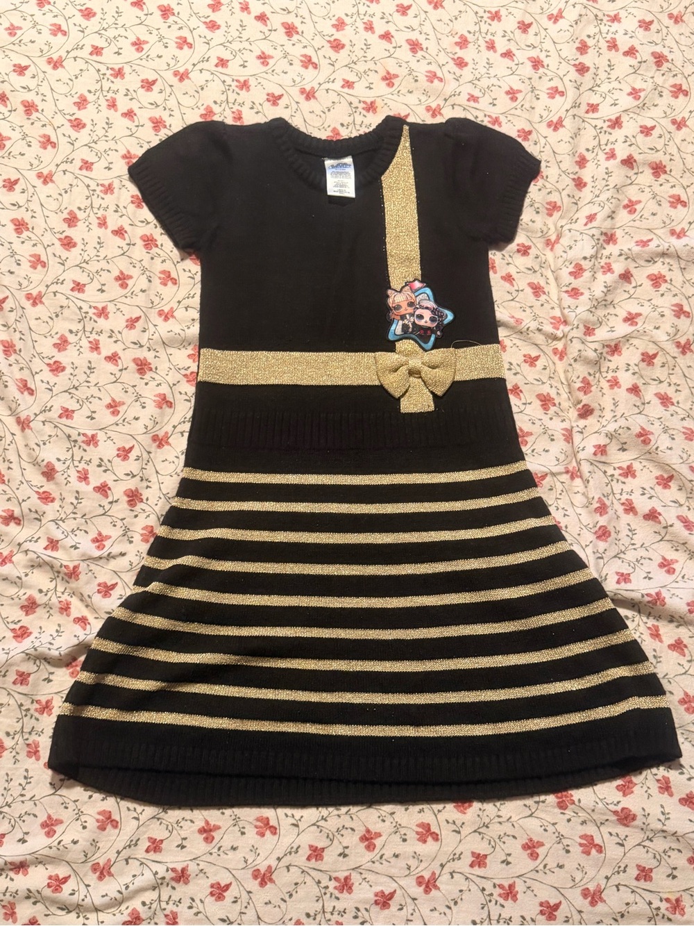 L.O.L. Surprise! Black Knit Dress with Gold Stripes and Bow Accent